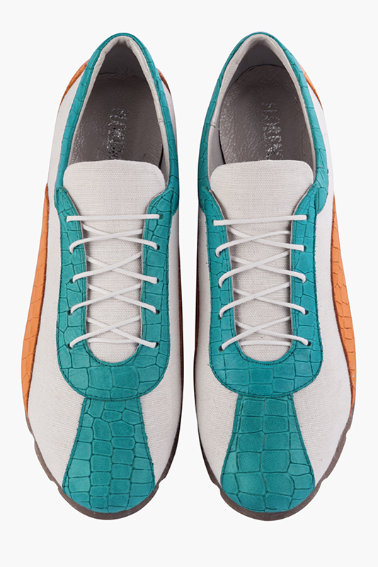 Turquoise blue, pure white and apricot orange women's three-tone elegant sneakers. Round toe. Flat rubber soles. Top view - Florence KOOIJMAN